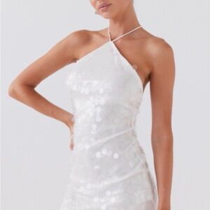 Peppermayo Sequin Halter Slip Dress in White